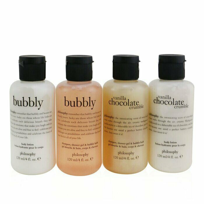 Set - Philosophy Sweetest Party Favors - 120ml each - Vanilla Chocolate Crumble Shampoo, Shower Gel & Bubble Bath Body Lotion - (Return)
